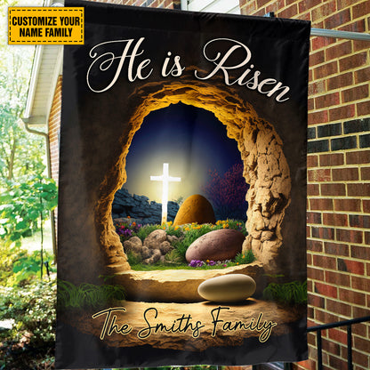 Teesdily | Jesus Easter Personalized Garden Flag He Is Risen Outdoor Flag Christian Easter Day Home Garden Decor Gift For God Believers