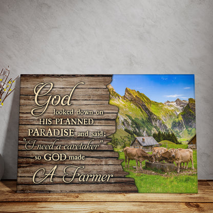 Teesdily | God Cow Farm Poster Canvas, So God Made A Farmer Wall Art Print, Wood Farmhouse Decor, Farmer Gifts, Christian Wall Decor