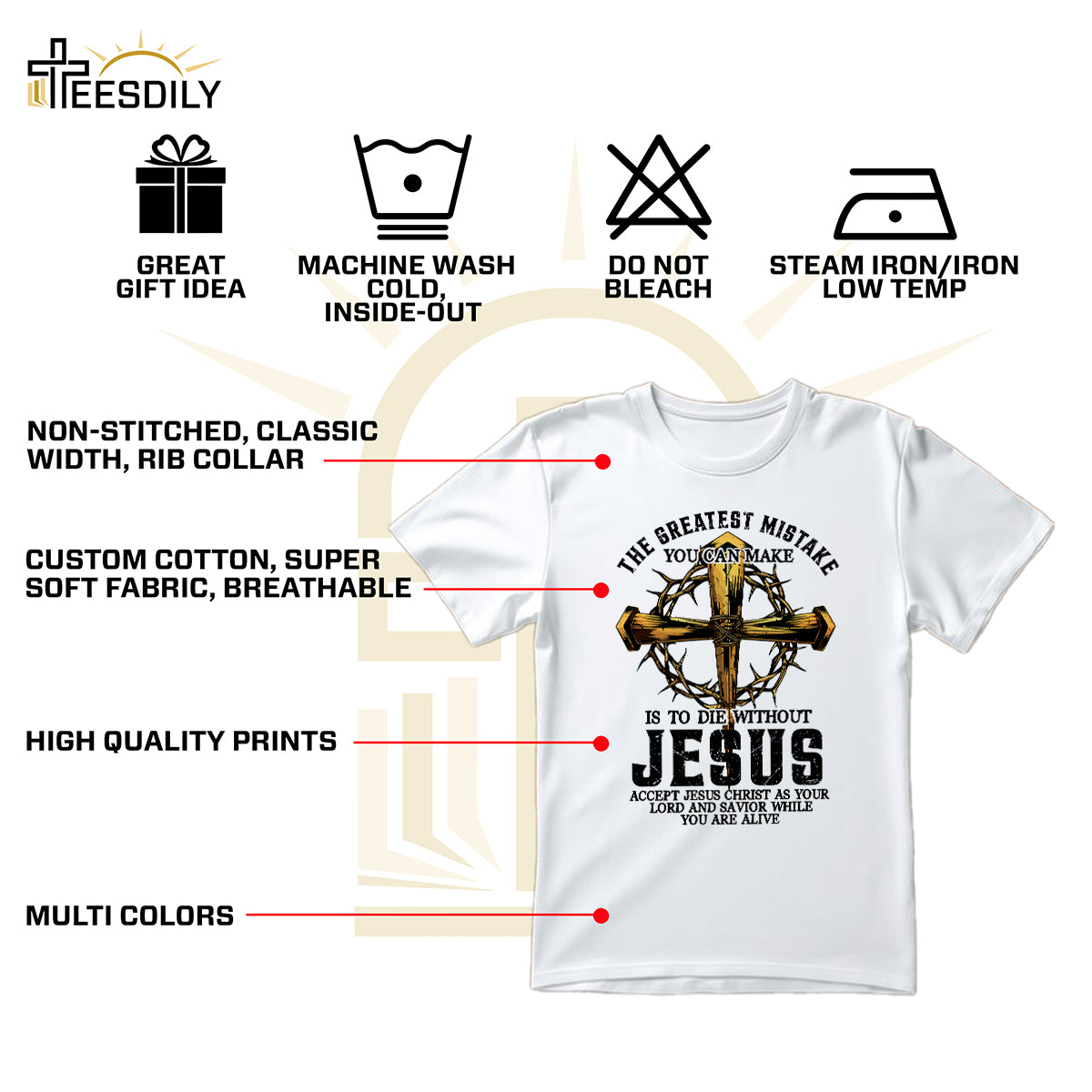 Teesdily | Jesus Cross Crown Light Shirt, The Greatest Mistake You Can Make Is To Die Without Jesus Unisex Tee Hoodie Sweatshirt Mug, Jesus Lovers Gifts