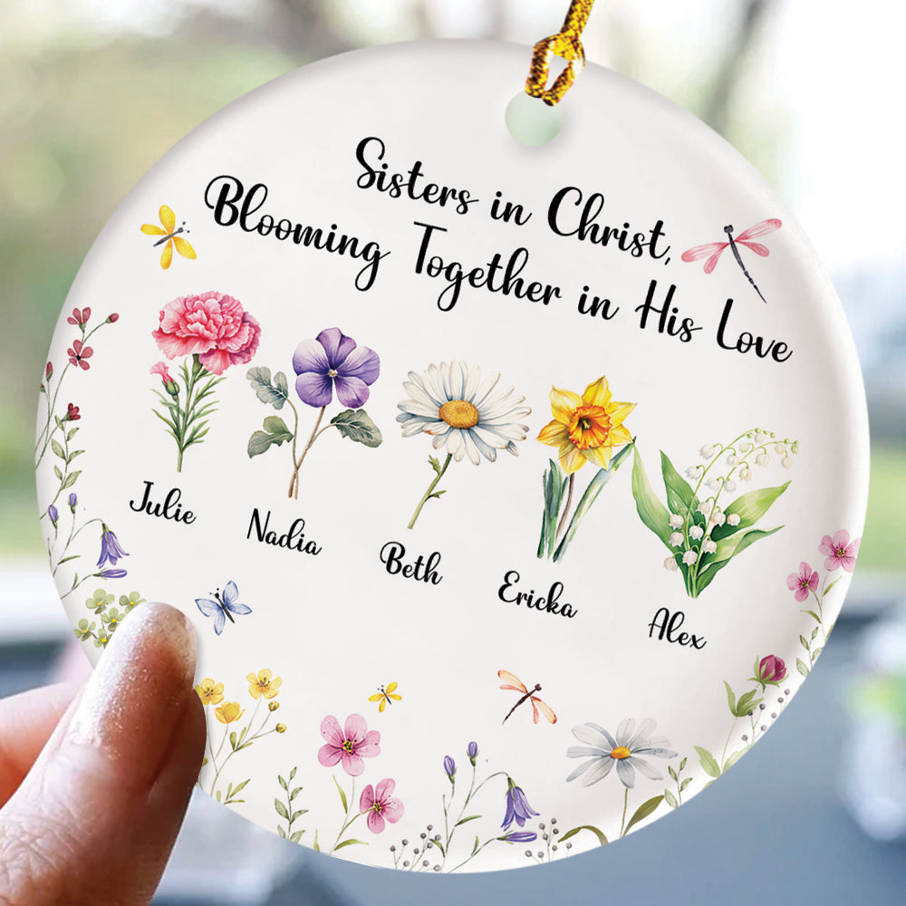 Teesdily | Jesus Christ Flowers Birth Month Ceramic Ornament, Sisters In Christ Blooming Together In His Love Christmas Ornament