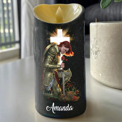 Teesdily | Customized Woman Warrior Jesus LED Candle Without Battery, I Am A Daughter Of The King Christ Candle, Prayer Faith Gift