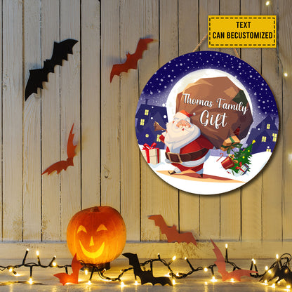 Teesdily | Customized Santa Claus Round Wood Sign Merry Christmas Home Decoration Wood Sign Christmas Gift Front Door Welcome Personalized Gift