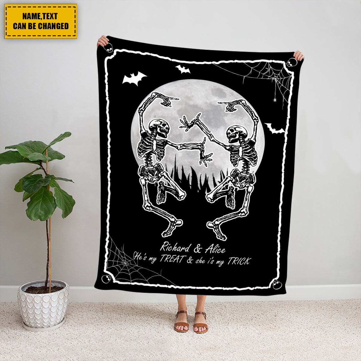 Teesdily | Couple Dancing Skeleton Personalized Fleece Blanket Gothic Skeleton Sofa Blanket Custom Halloween Gift For Wife Husband Boyfriend Girlfriend