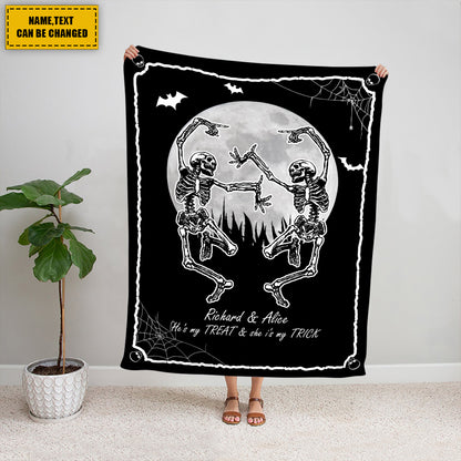 Teesdily | Couple Dancing Skeleton Personalized Fleece Blanket Gothic Skeleton Sofa Blanket Custom Halloween Gift For Wife Husband Boyfriend Girlfriend