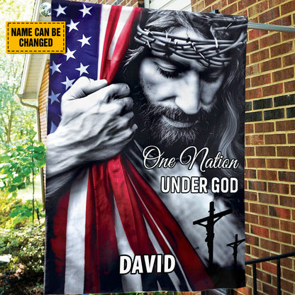 Teesdily | Customized American Flag Jesus Yard Sign, One Nation Under God Christian American Garden Metal Sign, Jesus Lover Gift