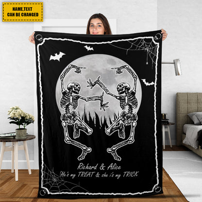 Teesdily | Couple Dancing Skeleton Personalized Fleece Blanket Gothic Skeleton Sofa Blanket Custom Halloween Gift For Wife Husband Boyfriend Girlfriend