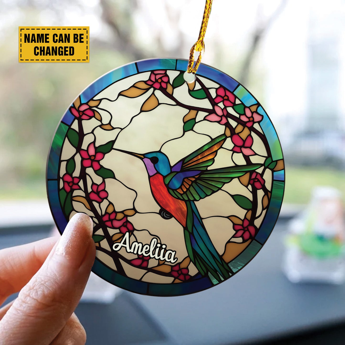 Teesdily | Customized Humming Bird Stained Glass Art Ceramic Ornament, Humming Bird Flower Acrylic Car Hanging Ornament, Christian Christmas Decoration