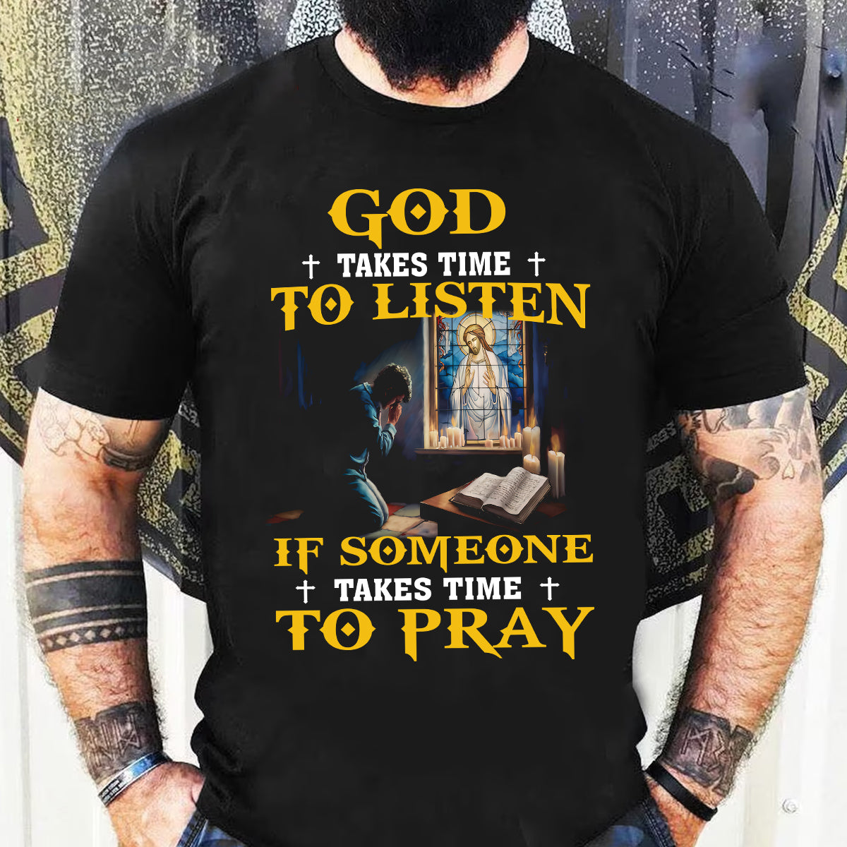 Teesdily | God Takes Time To Listen If Someone Takes Time To Pray Black Shirt, Gift Unisex T-shirt Hoodie Sweatshirt Size S-5XL / Mug 11-15oz