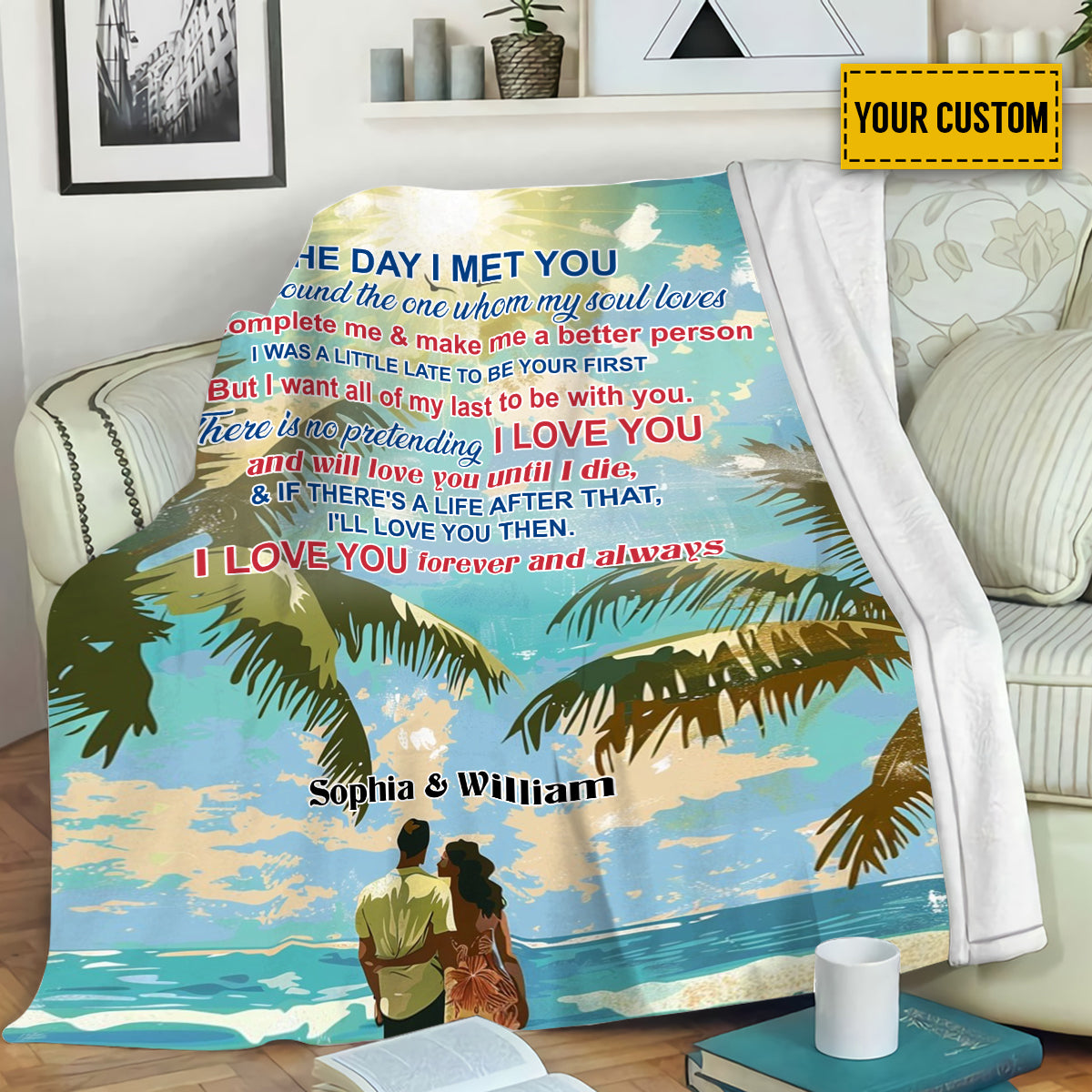 Teesdily | Personalized Beach Couple Cozy Blanket, The Day I Met You Throw Blanket, Perfect Valentine Day Travel Blanket, First Anniversary Gifts