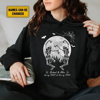 Teesdily | Customized Skeleton Shirt, Couple Skeleton Halloween Sweatshirt Hoodie Mug, Skeleton Treat Or Trick T-shirt, Anniversary Wedding Gifts