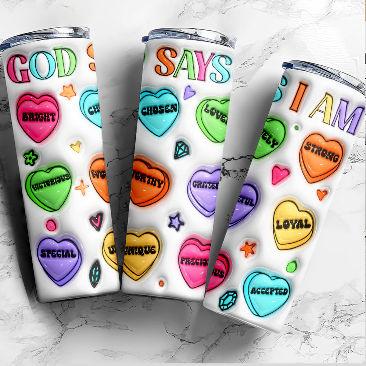 Teesdily | God Says I Am Inflated 20oz Skinny Tumbler Christian Symbols 3d Insulated Tumbler God Affirmation Inspiration Gift For God Believers