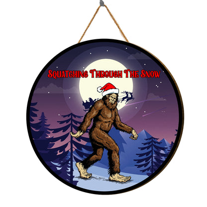 Teesdily | Santa Bigfoot Mountain Landscape Christmas Wood Sign Door Decoration Happy Christmas's Day Holiday Gift Idea Porch Decor