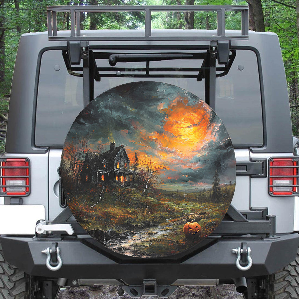 Teesdily | Halloween Night Pumpkin Spare Tire Cover, Halloween Haunted House Moon Night Truck Wheel Cover, Halloween Decor, Car Accessories, Dad Gift