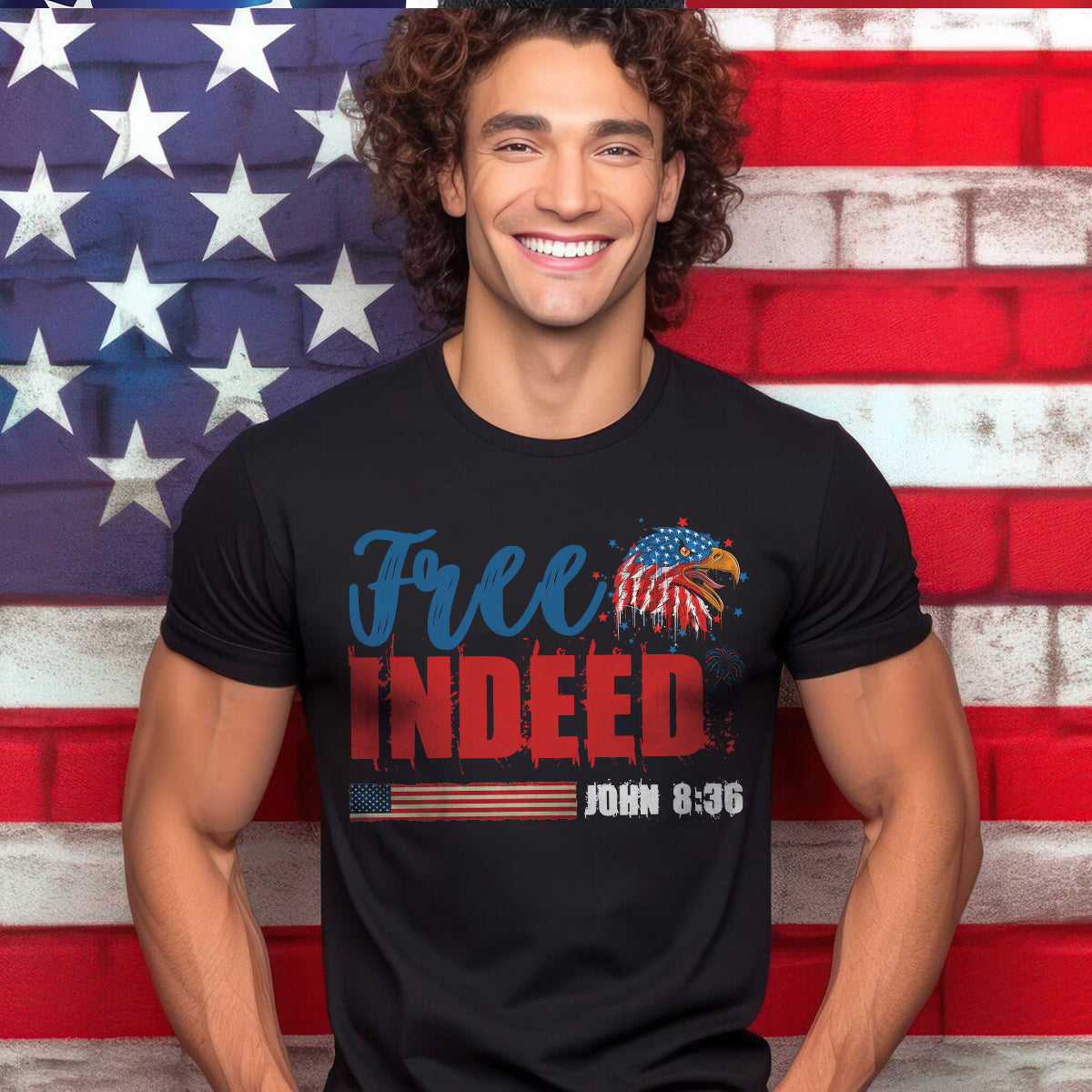 Teesdily | Christian 4th Of July Patriotic Shirt, Free Indeed John 8:36 Bible Verse Hoodie, American Flag Eagle Mug Cup, Happy Independence Day Gift