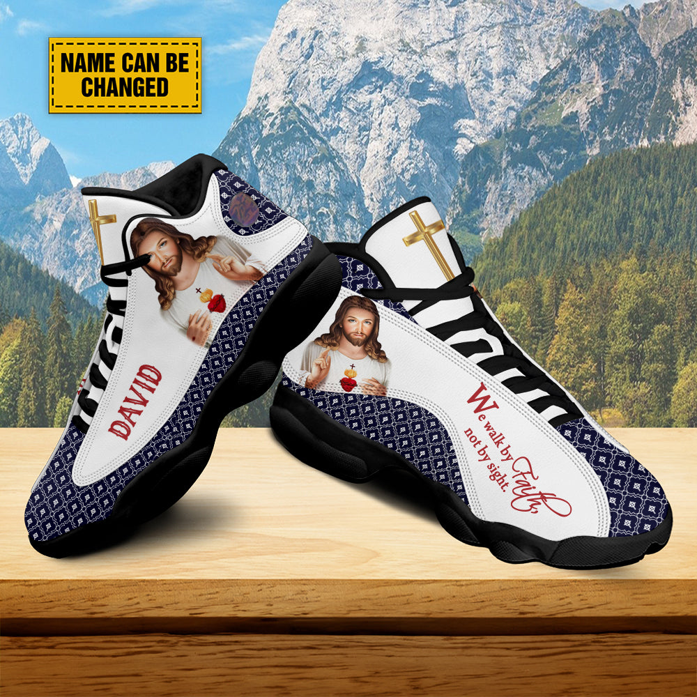 Teesdily | Customized Jesus Art Basketball Shoes, We Walk By Faith Not By Sight Running Shoes, Unisex Shoes With Thick Sole