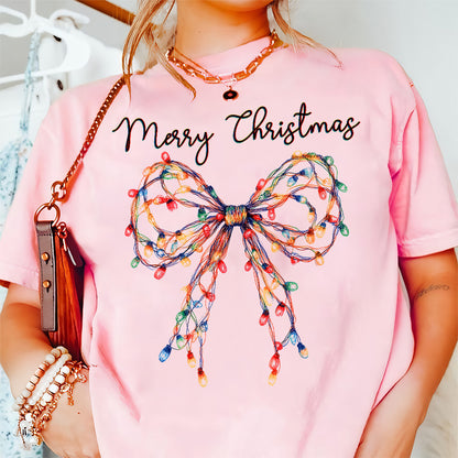 Teesdily | Merry Christmas Bow Light Shirt, Christmas Coquette Bow Sweatshirt, Merry And Bright Lights Bow Hoodie Mug For Women