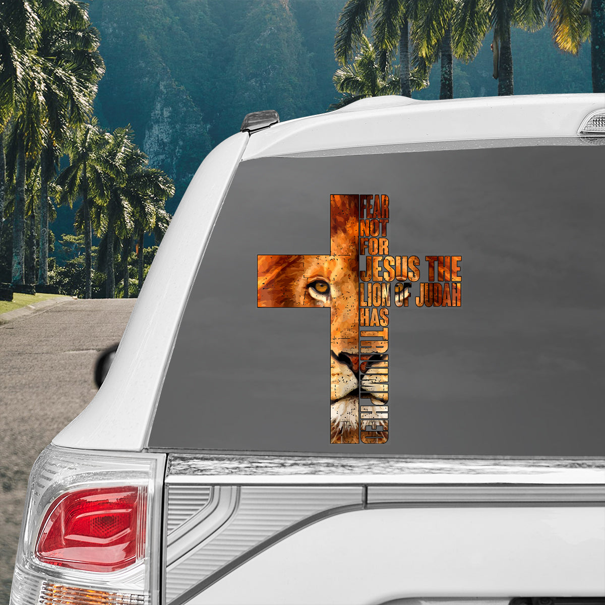 Teesdily | Lion Of Judah Cross Car Window Decal, Christian Religious Car Vinyl Sticker, The Lion Of Judah Has Triumphed Car Vinyl Decal