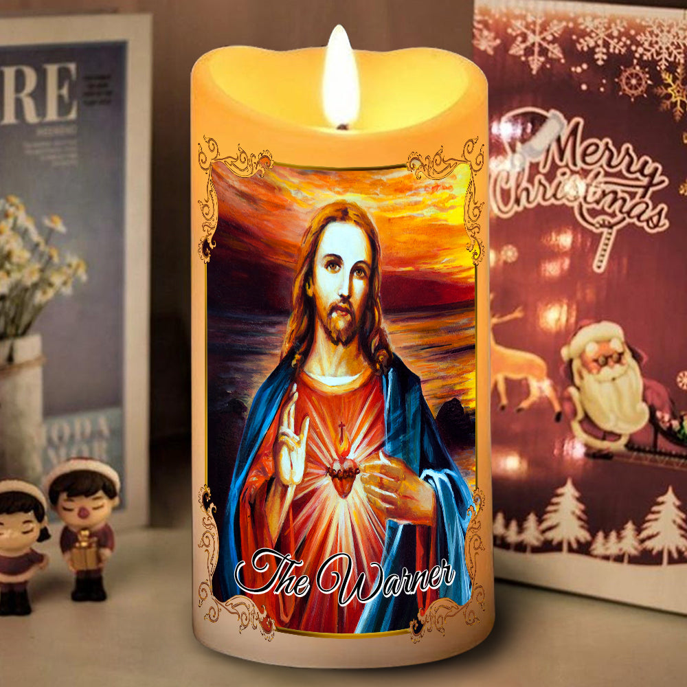 Teesdily | Customized Jesus Sacred Heart Led Candle Without Battery, O Most Holy Heart Of Jesus Christian Religious Christmas Gift