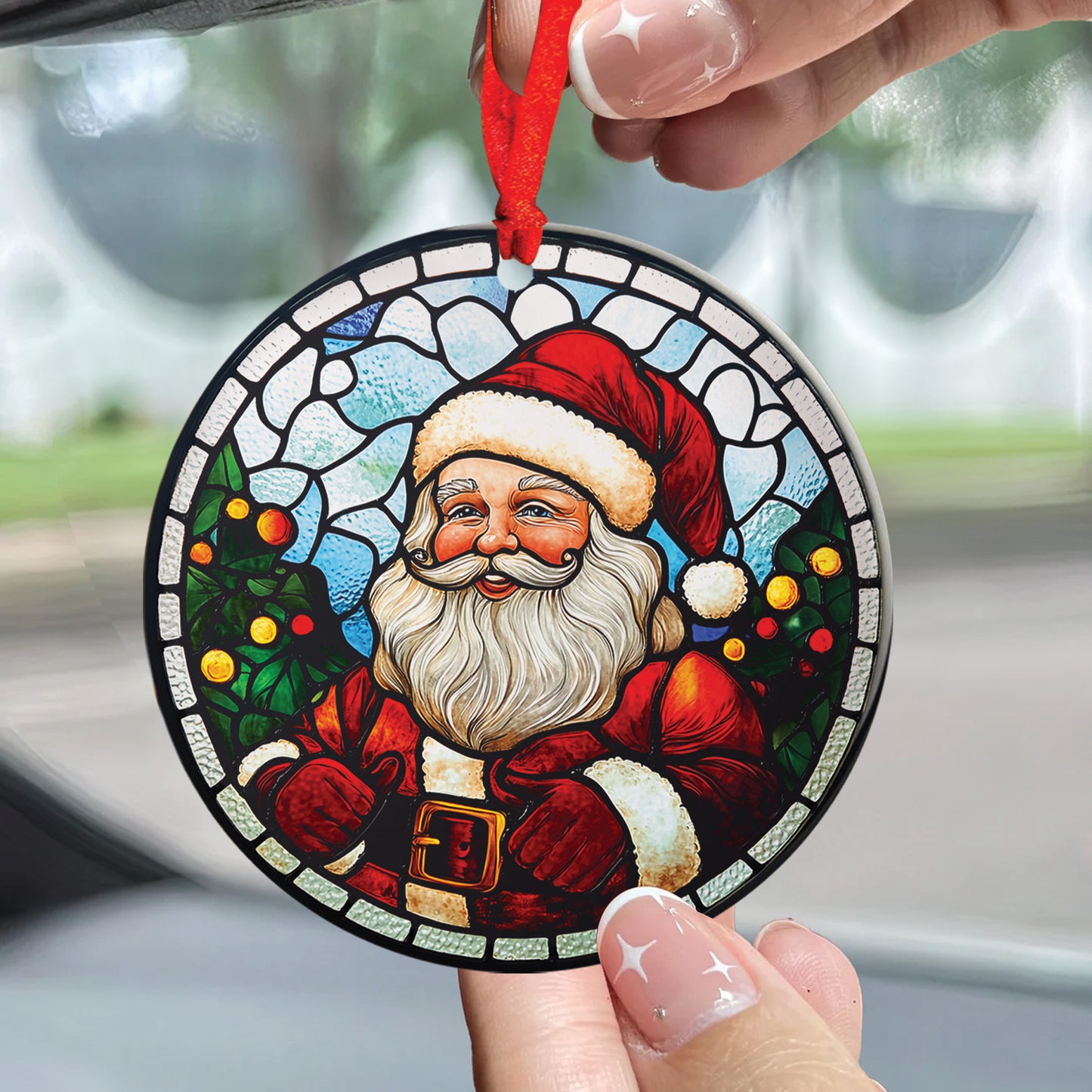 Teesdily | Christmas Santa Ornament, Santa Claus Stained Glass Printed Ornament, Christmas Ornaments Hanging Decor Xmas Tree, 2024 Ornament Gift