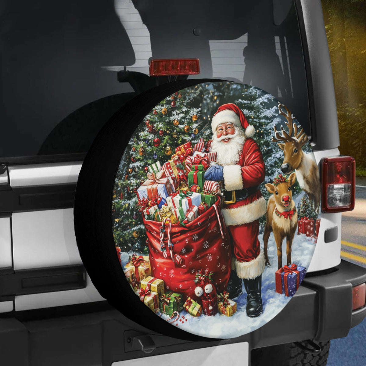 Teesdily | Santa Claus Car Spare Tire Cover, Christmas Tree Gifts Wheel Cover, Merry Christmas Tire Protector, Car Accessories