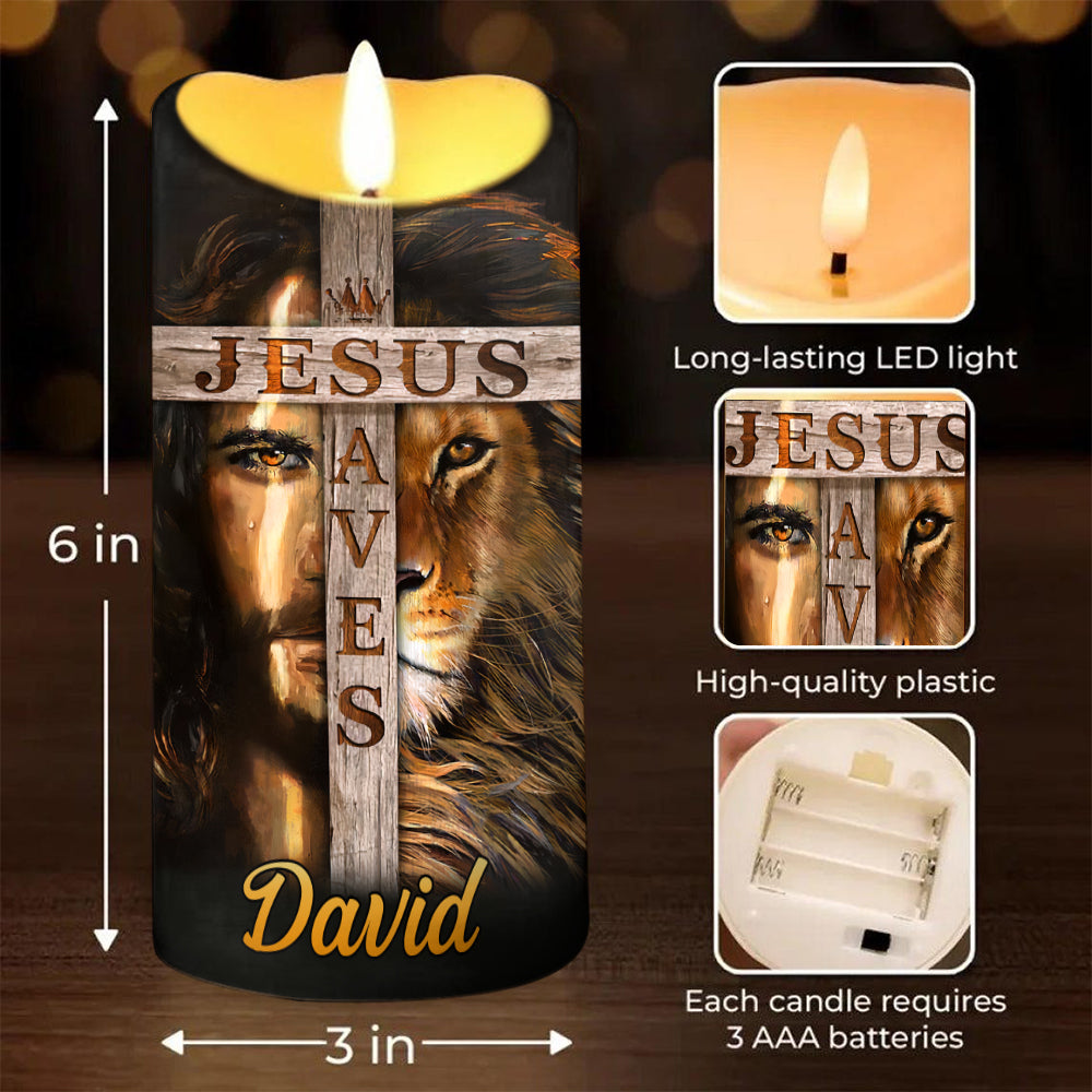 Teesdily | Customized Jesus Lion Of Judah Led Candle, Jesus Saves Flameless Candle, Christmas Jesus Gift, Christian Xmas Gift