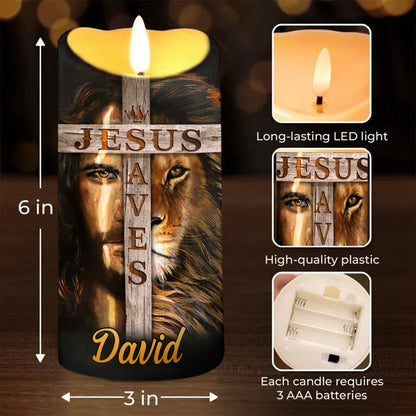 Teesdily | Customized Jesus Lion Of Judah Led Candle, Jesus Saves Flameless Candle, Christmas Jesus Gift, Christian Xmas Gift