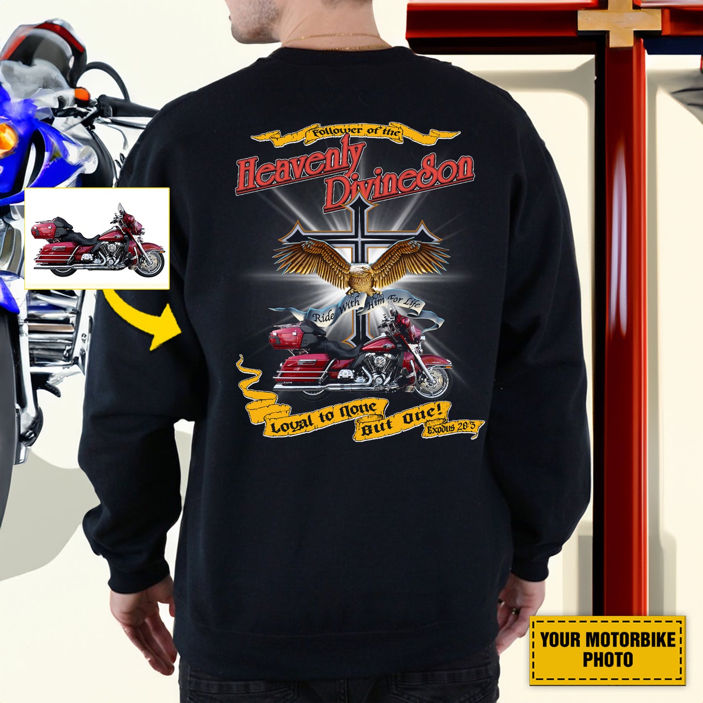 Teesdily | Customized Christian Biker Shirt, Follower Of The Heavenly Divineson Back Design Shirt Sweatshirt Hoodie Mug, Motorcycle Lovers Gifts