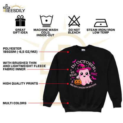 Teesdily | Cute Ghost Breast Cancer Awareness Shirt, In October We Wear Pink Tee Sweatshirt Hoodie Mug, Breast Cancer Support Warrior Gift