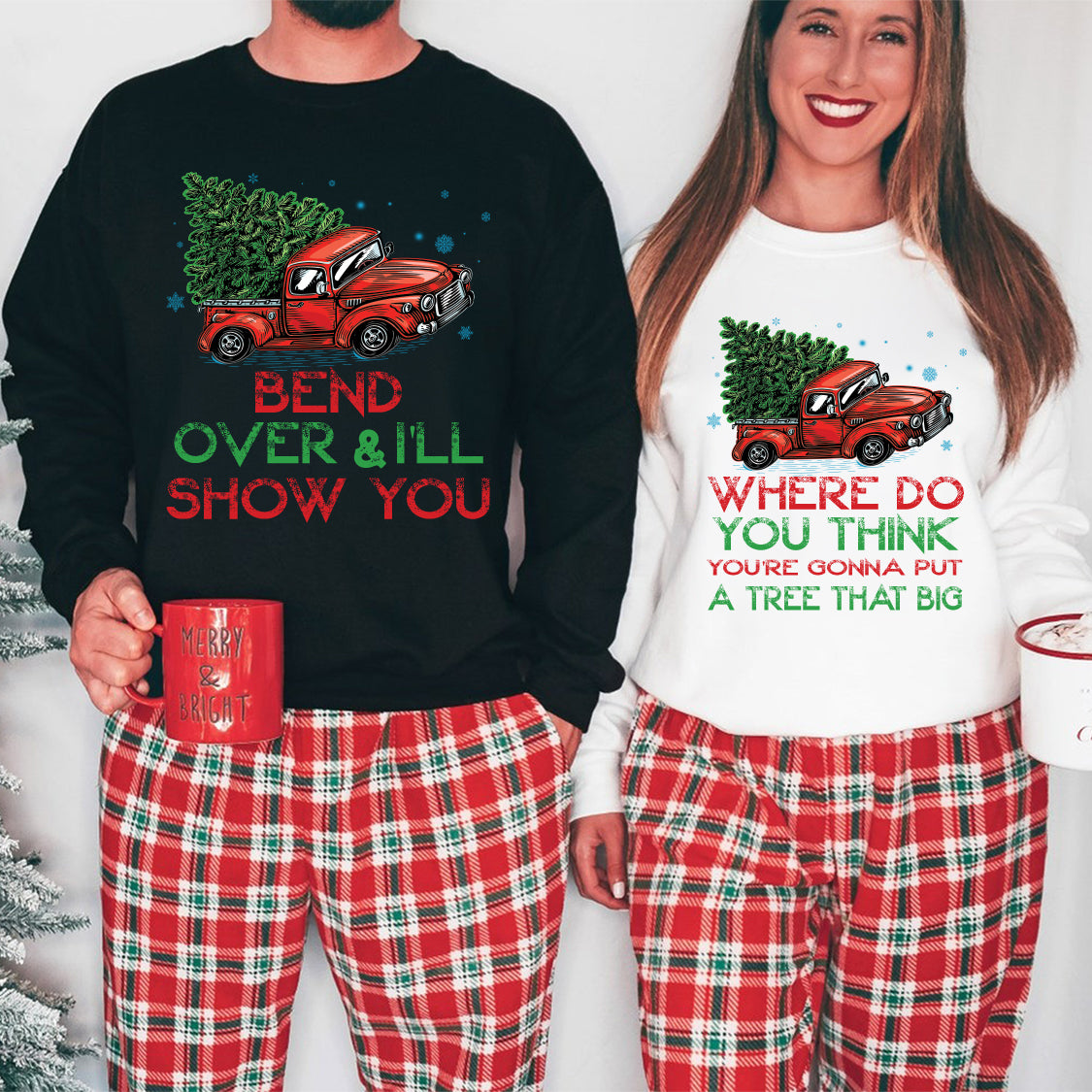 Teesdily | Bend Over And I'll Show You Christmas Couple Shirt, Christmas Vacation Matching Shirt Hoodie Mug, Red Truck Car Sweatshirt