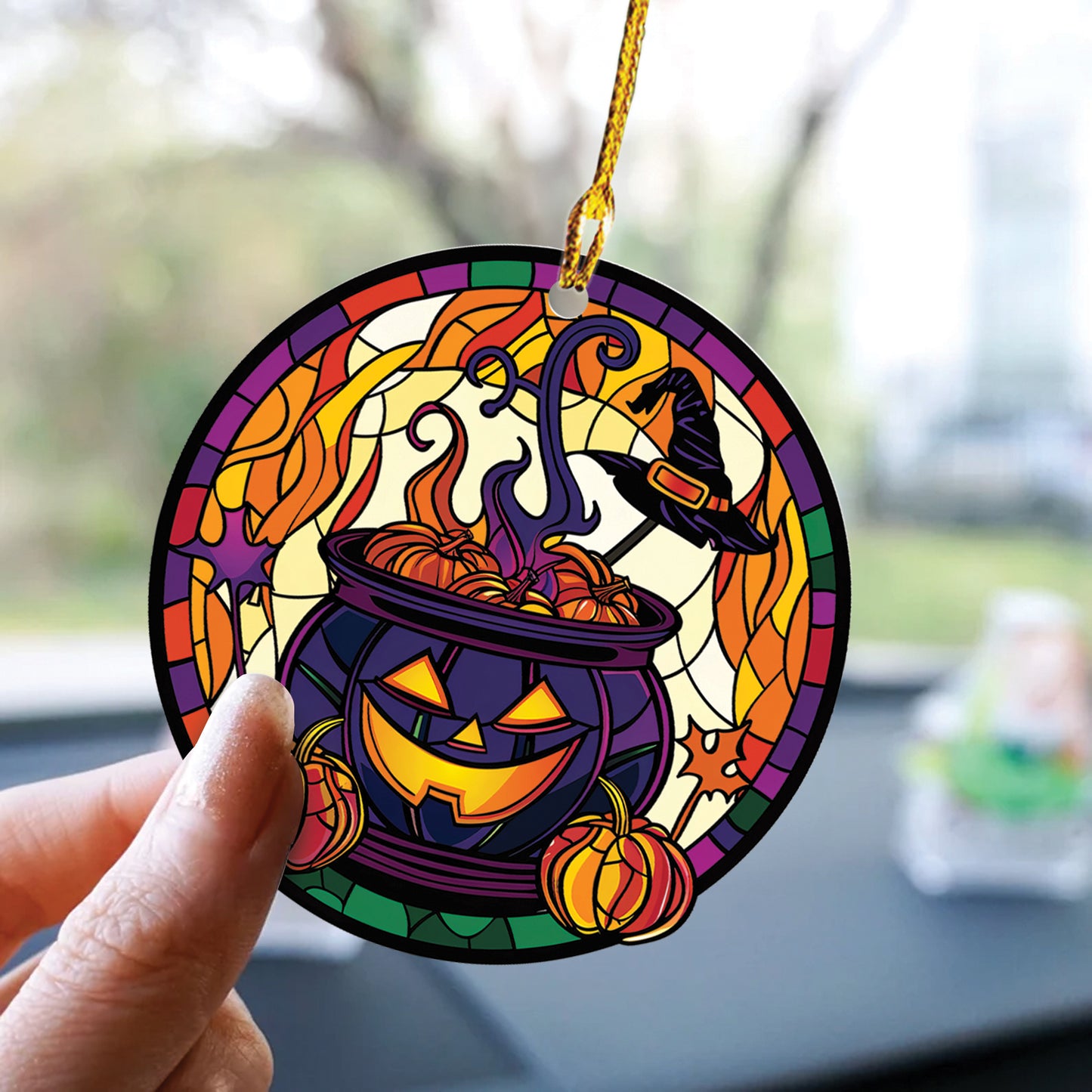 Teesdily | Halloween Witch Pumpkin Ornament Car Hanging, Witch Hat Rear View Mirror Car, Halloween Ornamrent Tree Decoration, Halloween Gifts