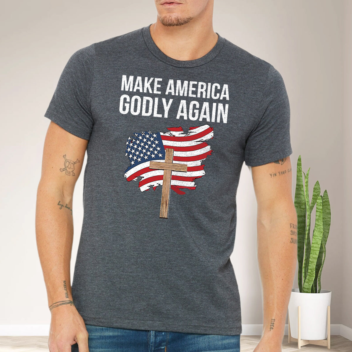 Teesdily | Jesus Cross Patriotism American Shirt, Make America Godly Again Jesus Shirt, Independence Day Unisex Tshirt Hoodie Sweatshirt Mug