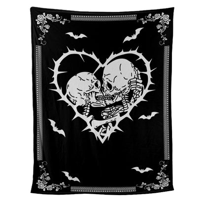 Teesdily | Personalized Skeleton Couple Blanket Together Forever Fleece Blanket Halloween Goth Couple Halloween Gift Personalized Skull Gothic