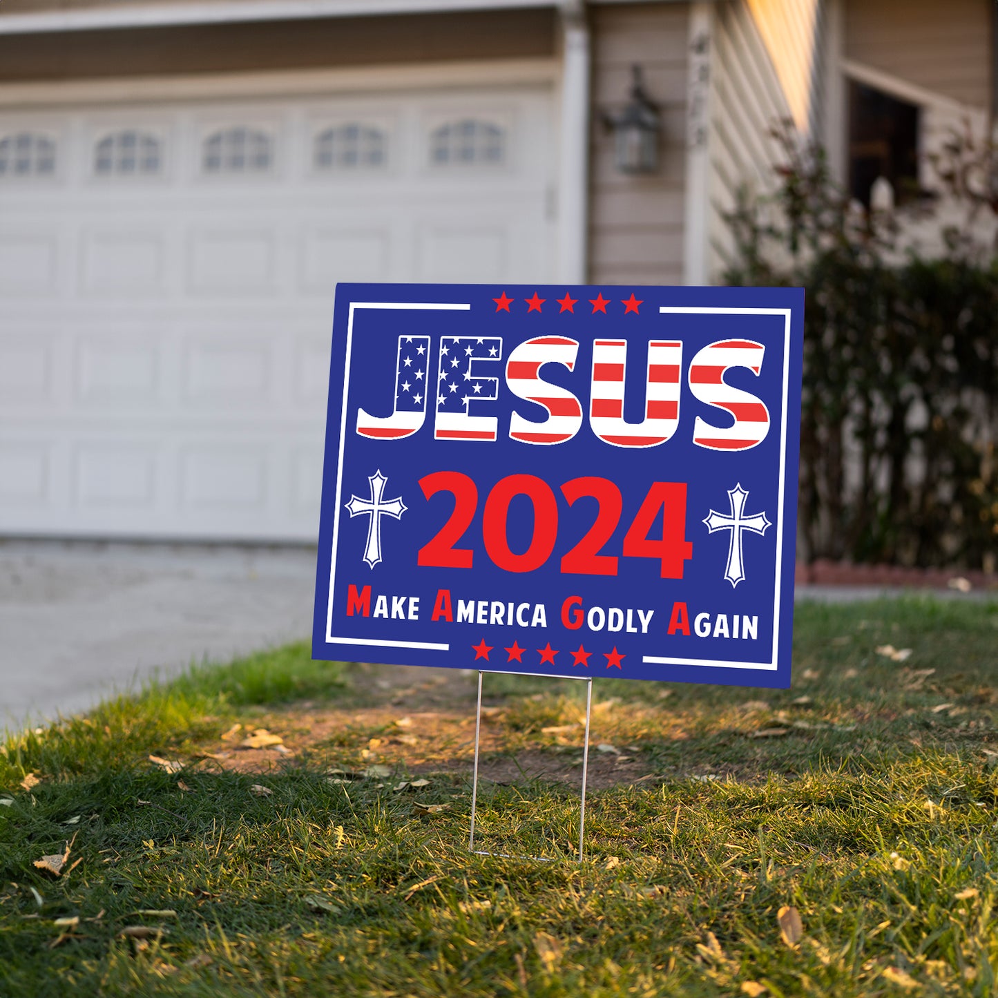 Teesdily | Jesus Cross Yard Sign, Christ 2024 Make American Godly Again Garden Outdoor Sign, American Flag Lawn Sign, Jesus Yard Decor, Patriot Gift