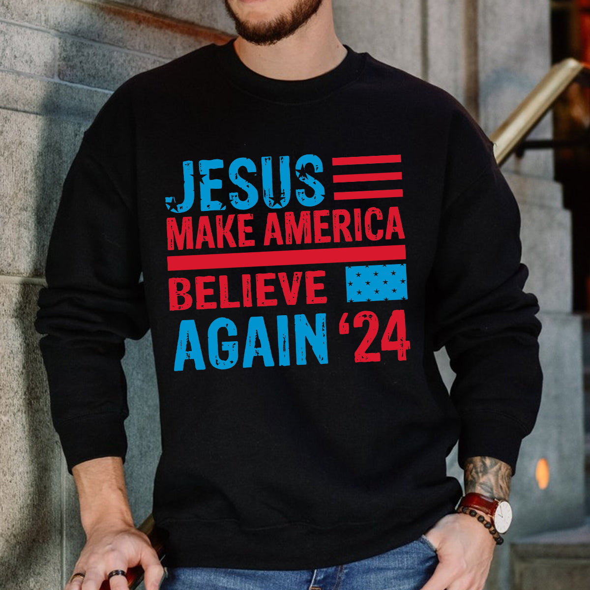 Teesdily | American Flag Jesus Shirt, Jesus Make America Believe Again '24 Tee Sweatshirt Hoodie Mug, Christian American Pride Gift, Patriotic T-shirt