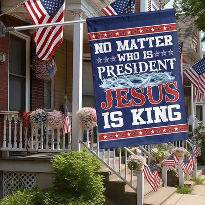 Teesdily | American Jesus House Flag, No Matter Jesus Is King Garden Flag, Jesus Outdoor Yard Decor, Christian American Patriotic Gifts