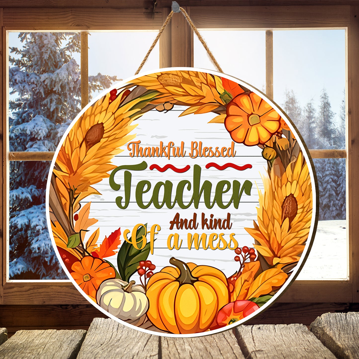 Teesdily | Teacher Thanksgiving Wood Sign, Thankful Blessed Teacher And Kind Of A Mess Wreath Wood Sign, Teacher Thankful Gifts, Fall Seasonal Decor