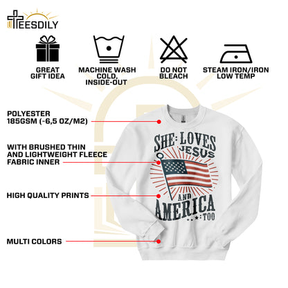 Teesdily | American Flag Tshirt, She Loves Jesus And America Too, Indepdence Day Sweatshirt Hoodie, Christian Gifts Mug