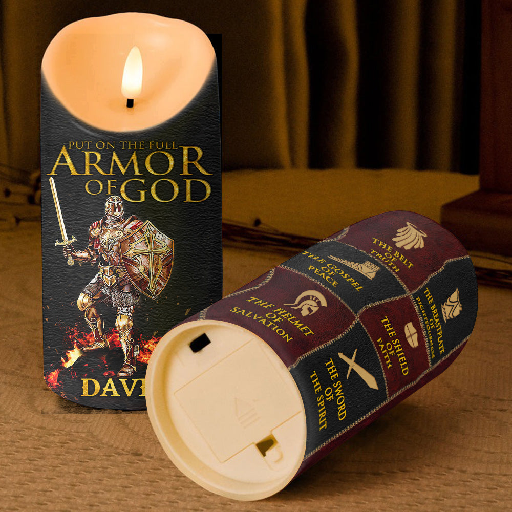 Teesdily | Customized Jesus Knight Templar Warrior LED Candle Without Battery, Put On The Full Armor Of God Prayer, Christmas Gift