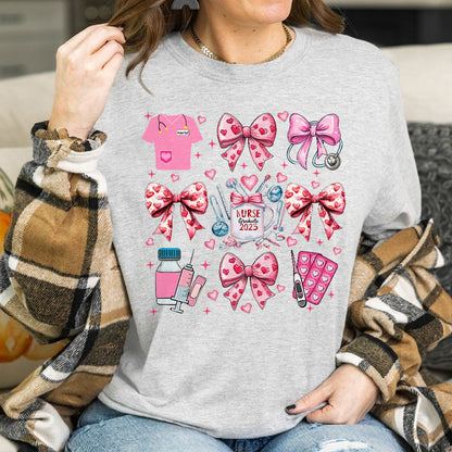 Teesdily | Pink Valentine Nurse Shirt, Valentine Nurse Coquette Bow Sweatshirt, Cupids Favorite Nurse Hoodie Mug, Valentine Gift