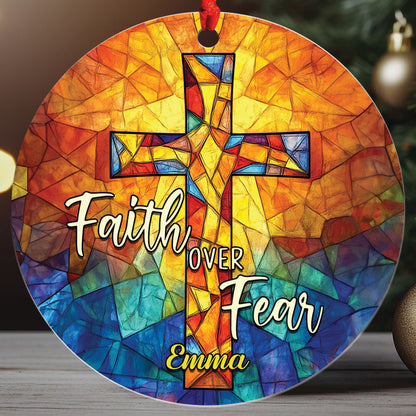 Teesdily | Customized Jesus Cross Stained Glass Print Ornament Christmas, Faith Over Fear Christian Art Ornament Religious Gift