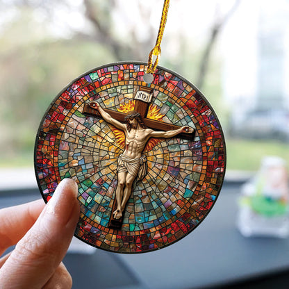 Teesdily | Jesus Crucifixion Ornament Car Hanging, Jesus Christ Cross Car Rear View Mirror, Church Religious Acrylic Ornament, King Jesus Lover Gift