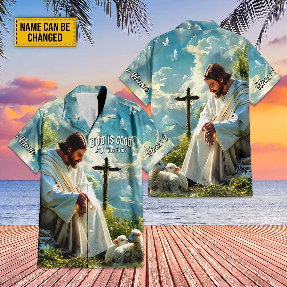 Teesdily | Customized Jesus And Lambs Hawaiian Shirt, God Is Good All The Time Hawaii Shirt, Lamb Of God Summer Aloha Set, Christ Religious Gifts