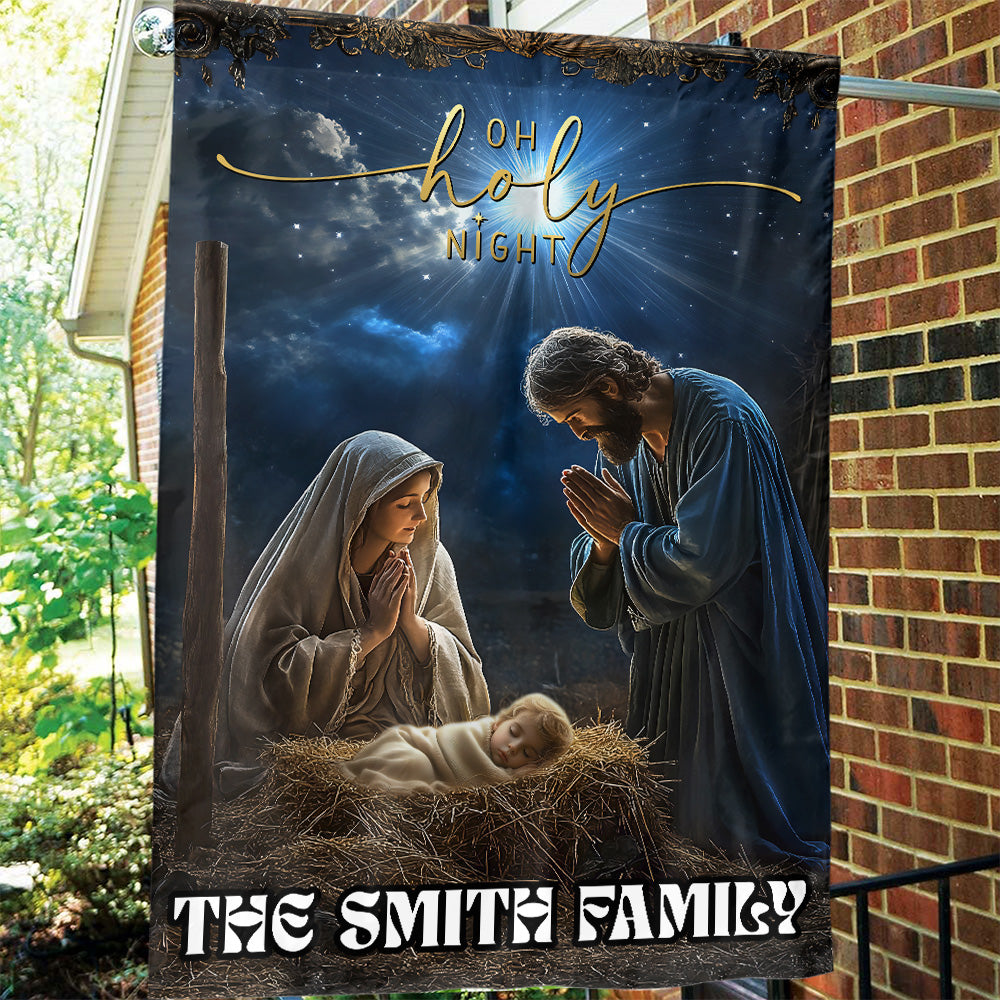 Teesdily | Customized Christmas Nativity Scene O Holy Night Garden Flag, Jesus Christ Christmas House Flag, Xmas Gift Decor Yard