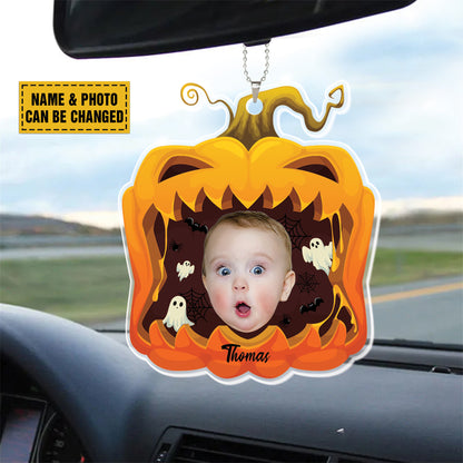 Teesdily | Customized Pumpkin Halloween Ornament, Spooky Season Pumpkin Ornament Decoration, Ghost Pumpkin Car Hanging Ornament, Halloween Gift Kid