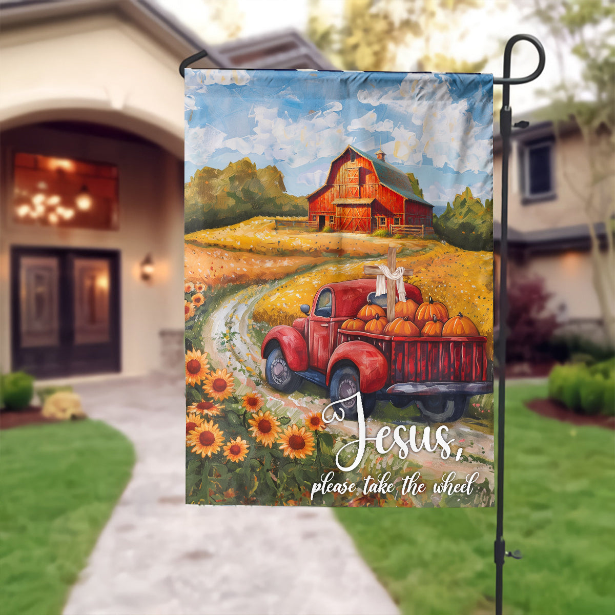 Teesdily | Jesus Take The Wheel House Flag, Jesus Christ Thanksgiving Garden Flag, Pumpkin Sunflower Autumn Flag, Farmhouse Seasonal Outdoor Decor