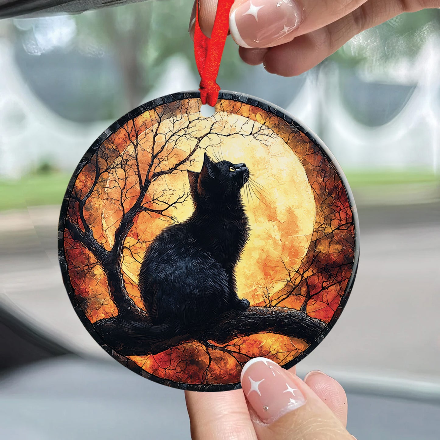 Teesdily | Black Cat Halloween Ceramic Ornament, Cat And Spooky Season Halloween Car Hanging Ornament, Halloween Gifts, Halloween Home Decoration