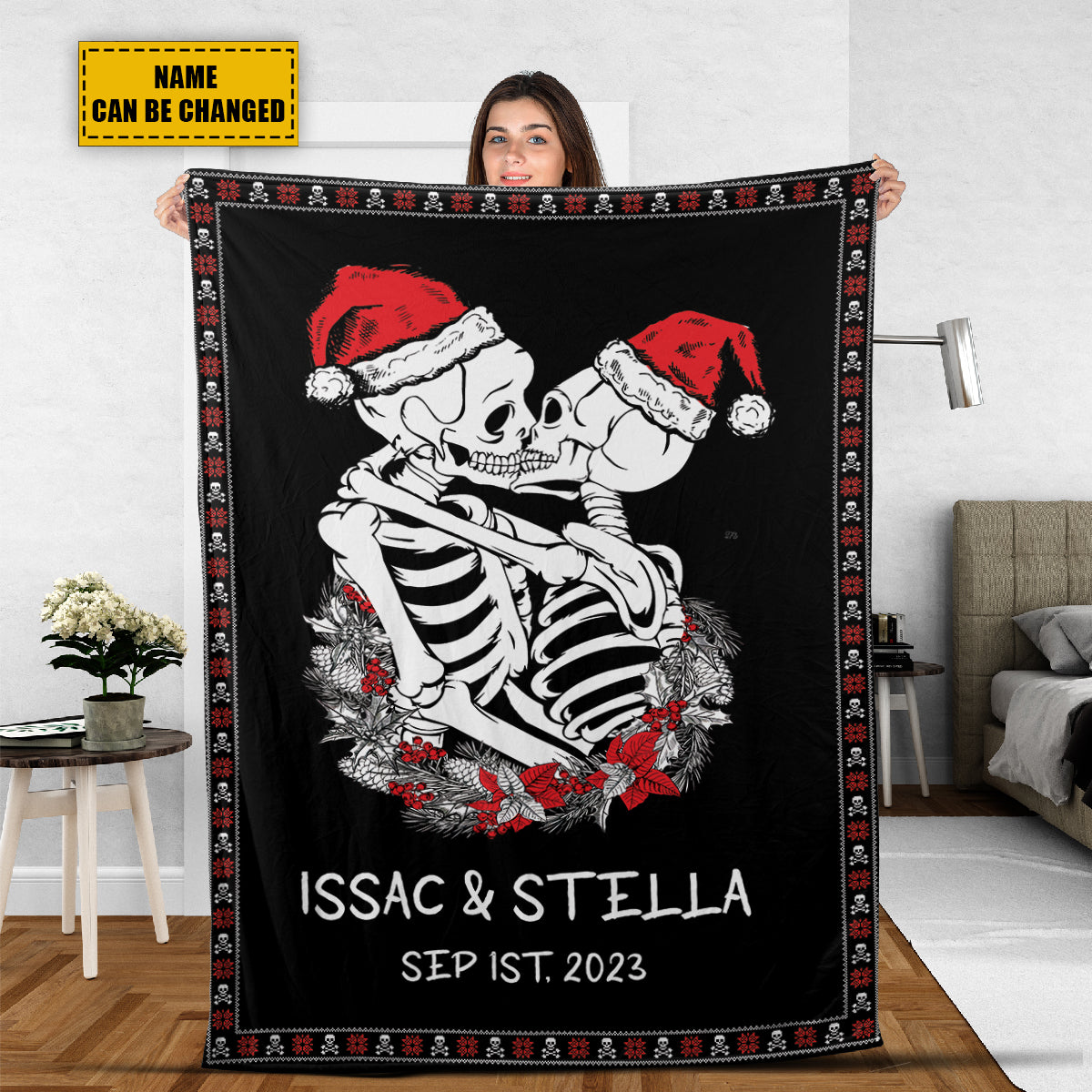 Teesdily | Personalized Skeleton Couple Name Christmas Fleece Throw Blanket Funny Skull Couple Kissing Sherpa Blanket Goth Couple Christmas Gifts