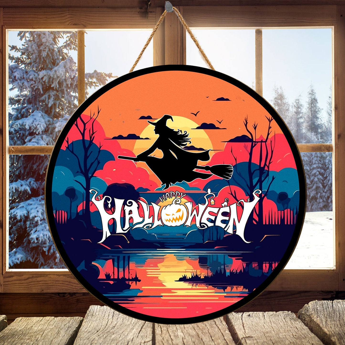 Teesdily | Witch Magical Halloween Sunrise Wood Sign Halloween Trick Or Treat Home Decoration Witch Lovers Gift Porch Decor