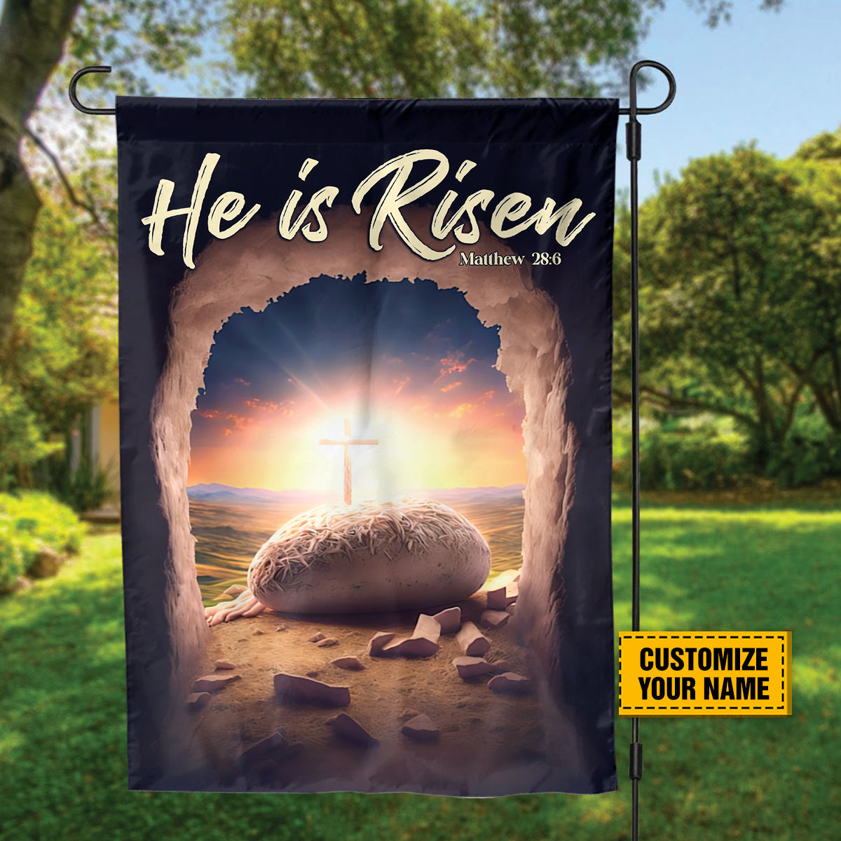 Teesdily | Jesus Resurrection Personalized Flag He Is Risen Easter Garden Flag Christian Home Decor Outdoor Decoration Custom Gifts