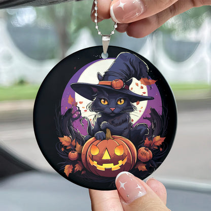 Teesdily | Black Cat Halloween Ceramic Ornament, Happy Halloween Spooky Kitten Circle Acrylic Ornament, Halloween Home Decor Gifts, Cat Lovers Gifts